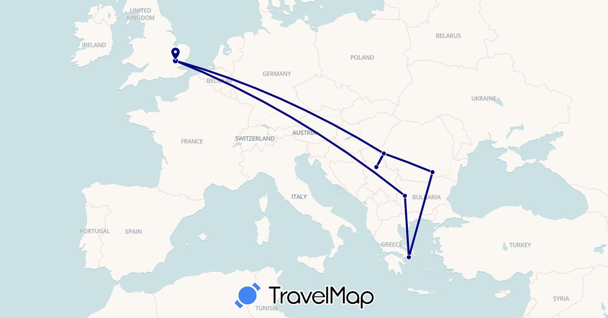 TravelMap itinerary: driving in Bulgaria, United Kingdom, Greece, Romania, Serbia (Europe)